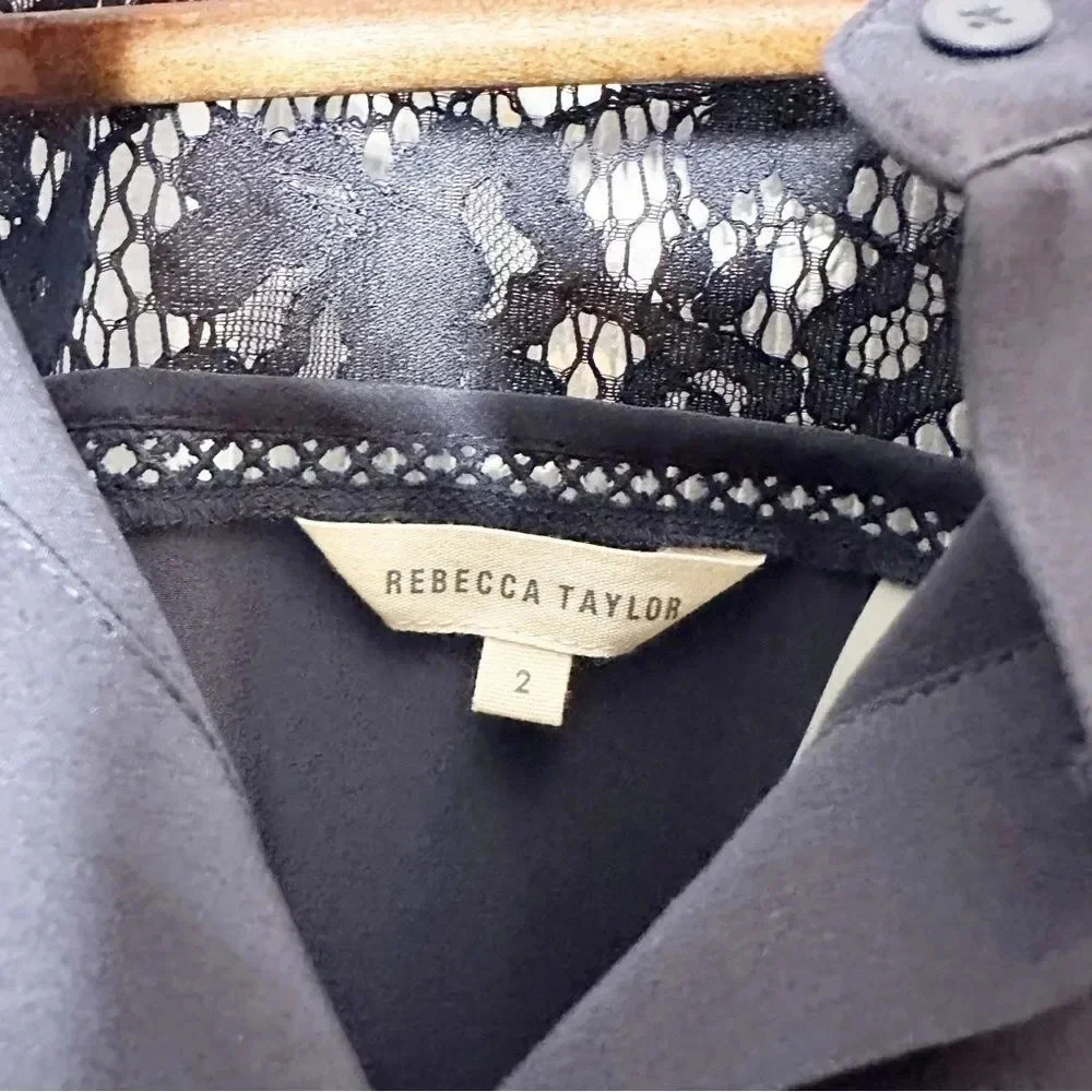 REBECCA TAYLOR 100% Silk Dark Blue Navy Crop Top Lace Short Sleeve Size‎ 2 - Picture 4 of 7